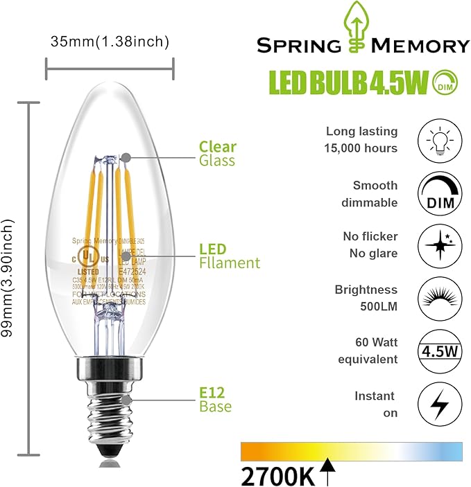 E12 Dimmable 60W Equivalent LED Chandelier Light Bulbs, 4.5W Clear 2700K Soft Warm White 500LM B11 Vintage Filament Candle Light, 6 Pack