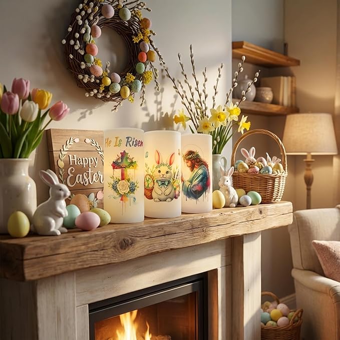 3PCS Nativity Easter Flameless Candles with Remote Control,Christian Cross Bunny LED Candles for Spring Easter Home Decor