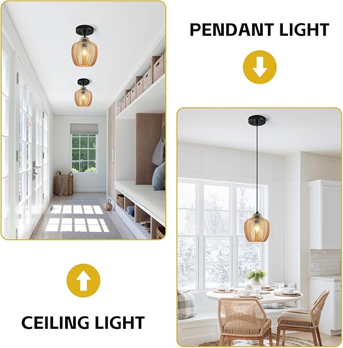 Amber Glass Pendant Lights Kitchen Island 1 Pack 6.29 in Glass Globe Pendant Light Fixture Adjustable Modern Farmhouse Pendant Lighting for Bedroom Dining Room