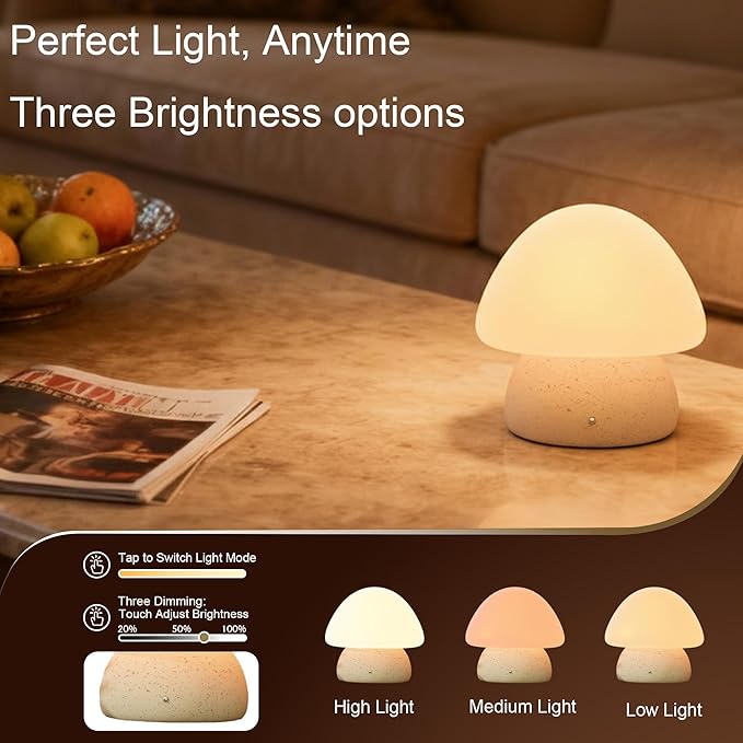 Mushroom Lamp, Cute Cordless Rechargeable Table Lamp with Glass Shade, 3 Color Temps LED Dimmable Ambient Lighting, Small Retro Touch Bedside Light for Decor, Resin Base.