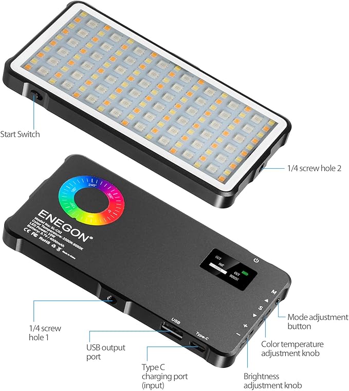 ENEGON RGB Video Light, Built-in 4000mAh Rechargeable Battery LED Camera Light Full Color 24 Common Light Effects, CRI≥95 2500-9000K LED Video Light Panel with Power Bank Function.