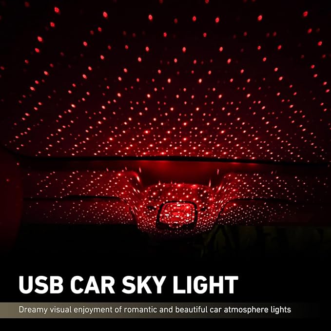 USB Star Projector Night Light, Romantic Interior Roof Star Night Light, Adjustable Portable Car LED Starlight Projector Atmosphere Lamp Decor, for Bedroom Car Party Wall Ceiling(Red)