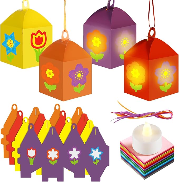 12 Sets Spring Floral Flower Craft with LED Lights Colorful Flower Tissue Paper Crafts Kits DIY Hanging Suncatchers Lanterns Kits for Window Decor Spring Summer Favors Home Activities