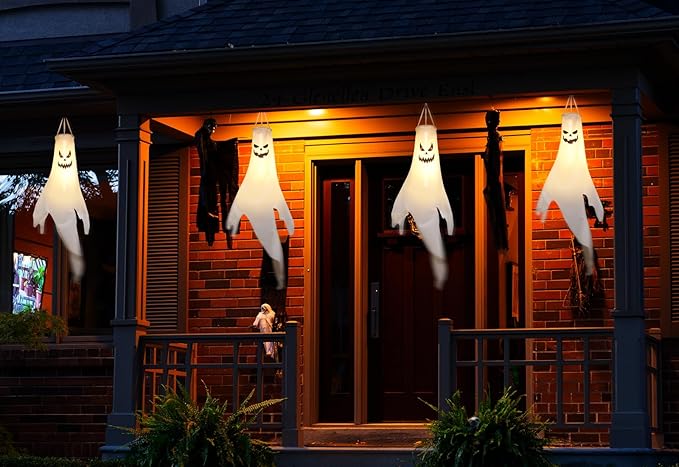 Halloween Ghost Decorations Outdoor: with Timer, 4 Pcs Spooky Hanging Ghost for Tree Porch Garden Yard, Waterproof LED Ghost Halloween Decor