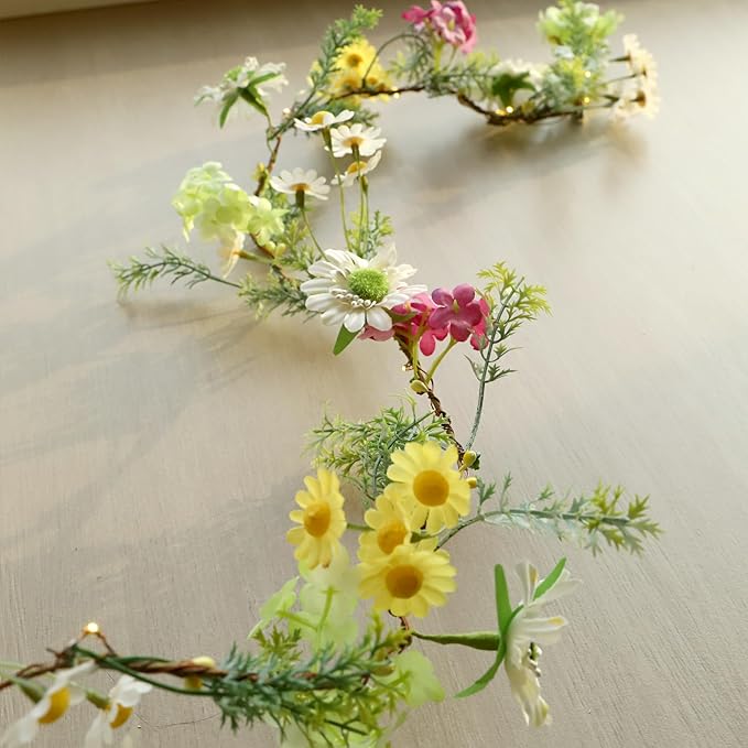 Wildflower Garland Easter String Lights Battery Operated with Remote Multicolor Daisy Floral & Leaf Lights for Bedroom Outdoor Party Holiday Home Spring Easter Decorations