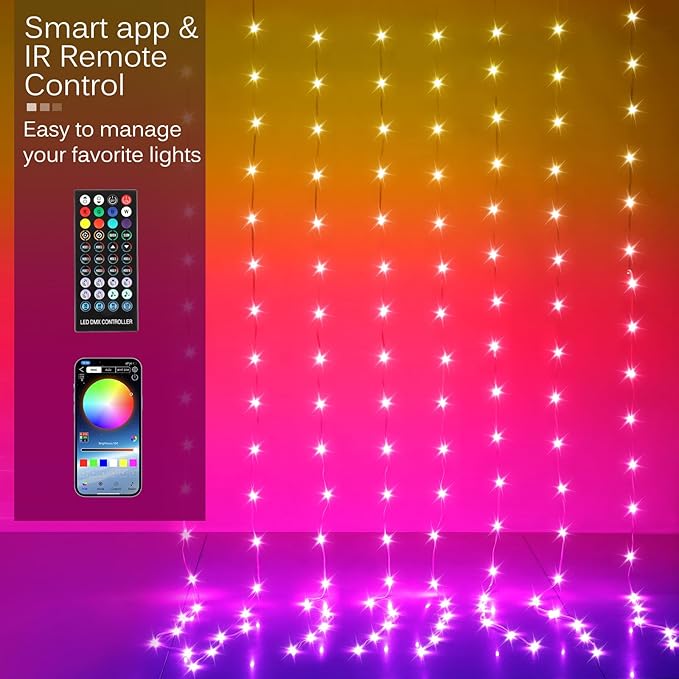 LED Curtain Lights, 6ft x 8ft 144 LED RGB Color Changing String Fairy Lights Curtain with Smart APP Control, Music &Voice Sync for Bedroom Backdrop Wall Indoor Outdoor Christmas Decorations