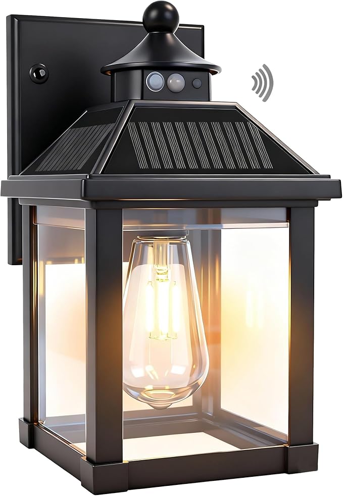 Solar Wall Lights Outdoor: Solar Porch Sconce Light Dusk to Dawn Waterproof Lantern Fixture with 3 Lighting Modes & Motion Sensor - for Front Door Garage Porch Yard Fence