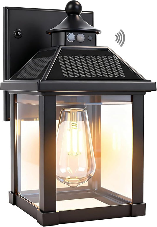 Solar Wall Lights Outdoor: Solar Porch Sconce Light Dusk to Dawn Waterproof Lantern Fixture with 3 Lighting Modes & Motion Sensor - for Front Door Garage Porch Yard Fence