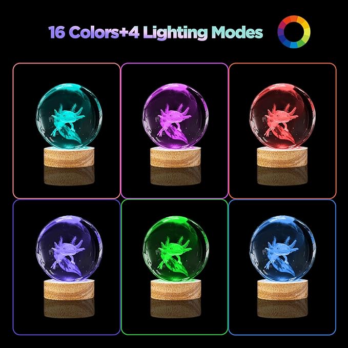 3D Axolotl Crystal Ball Night Light with Remote, Upgraded 3.15 Inch Axolotl Glass Ball Lamps with 16 Color LED Wooden Base for Birthday Holiday Xmas, Cool Axolotl Toy Decor Gifts for Boys Girls Kids