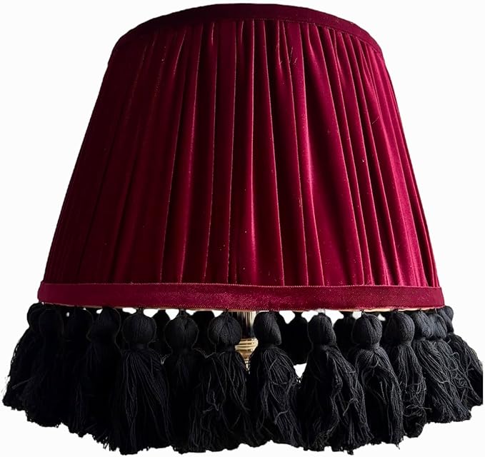 Tristan Home Round Pleated Velvet Lamp Shade with Tassels 10x14x12inches (The Height 12inch Includes Tassels) (Red Wine Burgundy)