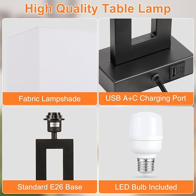 Seealle 22" Tall Living Room Lamps for Night Stands - Touch Bedside Lamp with USB C+A, 3 Way Dimmable Bedroom Lamps for End Tables Set of 2, Modern Night Stand Lamps for Bed Side(White&Black)