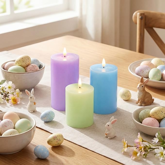 3 Pcs Easter Flameless Candles Battery Operated LED Flickering Pillar Candles with Remote Real Wax Pastel Spring Table Decor for Easter Party Wedding Table Centerpiece Home Decorations