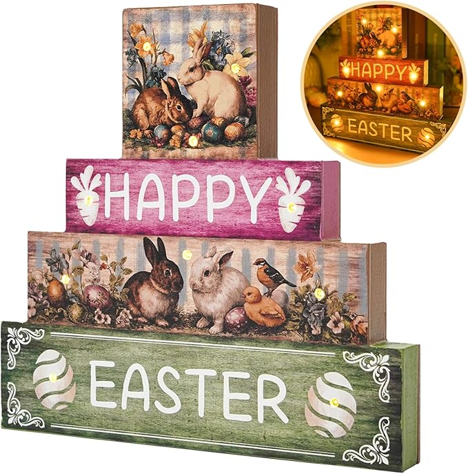 Vintage Easter Decorations Indoor - Led Bunny Retro Decor Light up Happy Easter Wooden Sign for Table Religious Home Office Indoor Decor 9 × 9 Inch