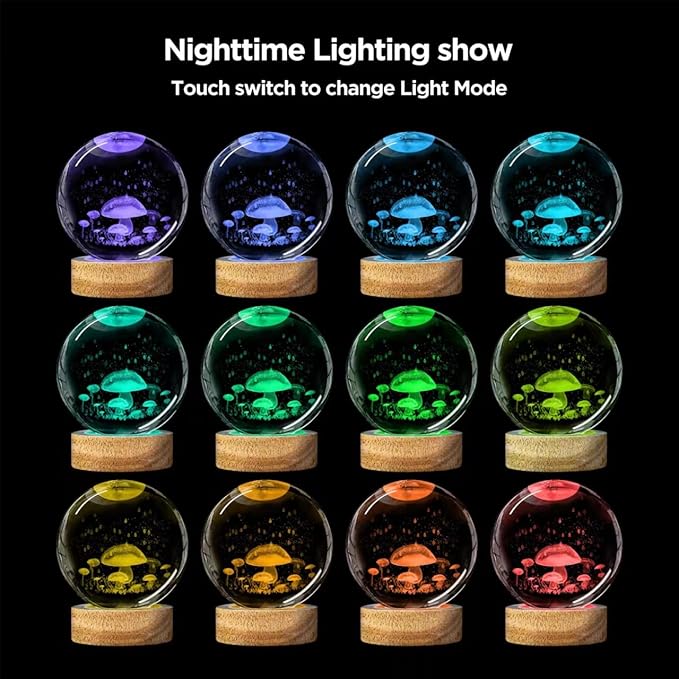 3D Mushroom Crystal Ball Night Light, Upgraded 3.15 Inch Glass Ball Lamp with 16 Color LED Wooden Base, Mushroom Decor Birthday Holiday Christmas Glass Mushroom Lamp Gifts for Boys Girls Friends