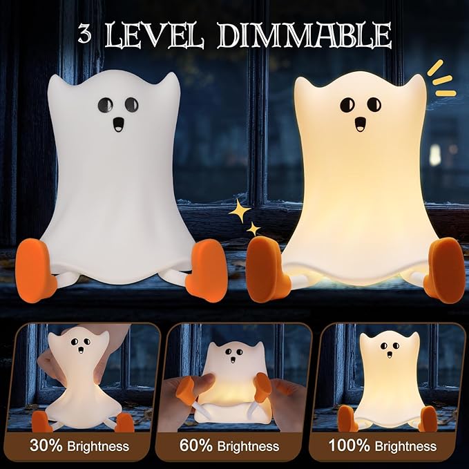 Ghost Night Light Silicone Cute Halloween Ghost Decor Night Light for Breastfeeding Squishy Ghost Nightlight Cordless Rechargeable Dimmable Touch Fun Bedside Light Lamp for Halloween Gifts