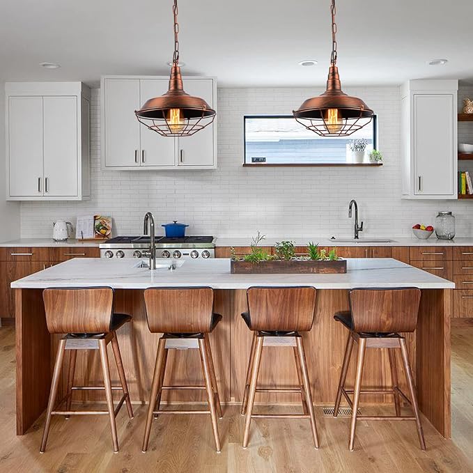 Industrial Pendant Lights Kitchen Island 2 Pack Farmhouse Hanging Light Fixtures with Adjustable Chain, Rustic Pendant Lighting with Metal Wire Cage for Barn Dining Room Hallway Foyer