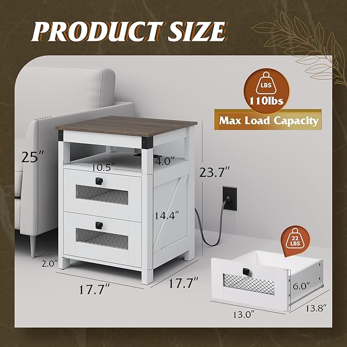 WLIVE Nightstand with Charging Station, Farmhouse End Table, Bed Side Table with 2 Storage Drawers and Open Shelf, Wood Rustic Nightstands for Bedroom, Living Room, White