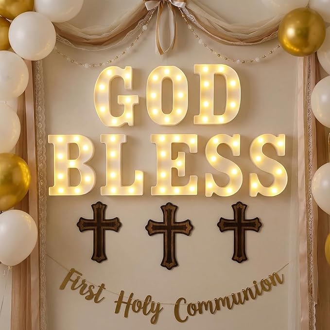 8 Pcs God Bless LED Letter Lights Sign God Bless Baptism Decorations Battery Powered Primera Comunion First Holy Communion Decorations for Baptism Party