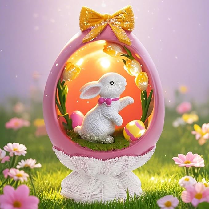 Pink Easter Bunny Figurine with LED, Resin Rabbit Figurines Easter Bunny Statue Spring Rabbit Desktop Decoration for Spring Home Room Party Decoration