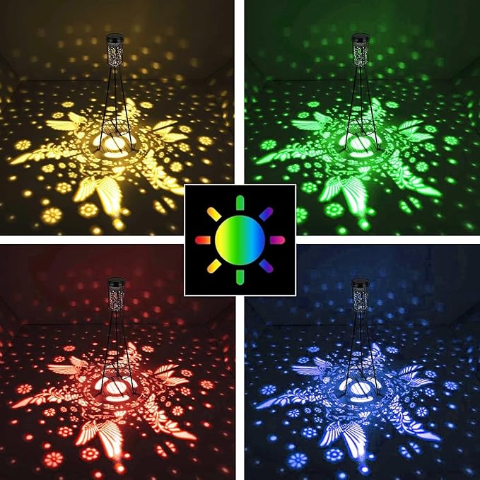 Outdoor Solar Floor Lamps RGB Color-Changing Hummingbird Projection Metal Plant-Stand Garden Light,42.5" Waterproof Decorative Solar Lamp for Patio,Deck,Yard,Porch,Path,2 Pack