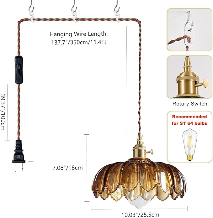 Plug in Pendant Light: Amber Glass Hanging Lamp Plug in, 14.7ft Swag Lamp Cord with On/Off Switch for Kitchen Island/Dining Room/Bedroom/Living Room Hanging Light, No Bulb