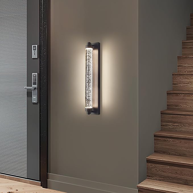 Black Outdoor Wall Sconce, 23.6inch Bubble Crystal Modern Wall Mounted Lights, 3000K-6500K Dimmable Waterproof LED Exterior Lamp Lighting for Porch, Garage, Patio, Living Room, Indoor