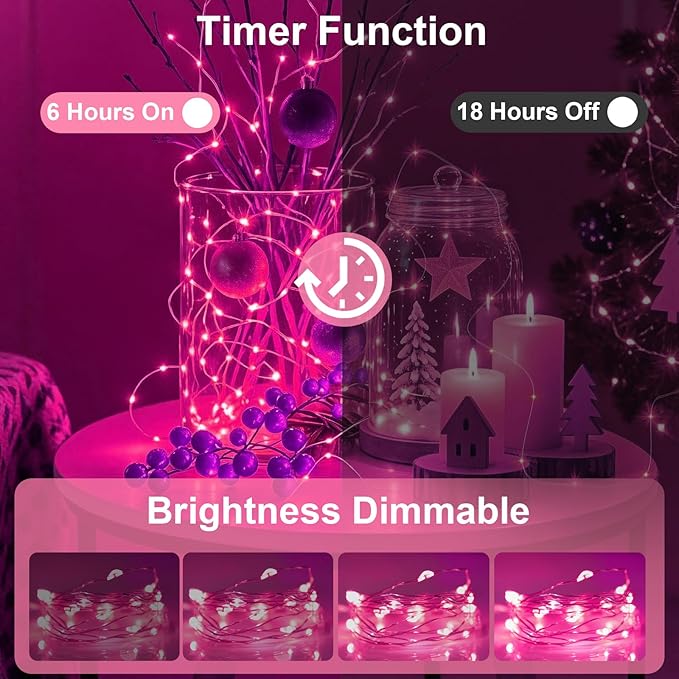 AIKEI 6 Pack LED Fairy Lights with Timer Battery Operated, Mini String Lights with Remote Waterproof 7ft 20 Led Firefly Starry Lighting for Wedding Party Bedroom Garden Christmas Decoration Pink