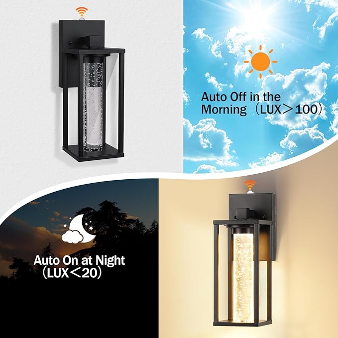 WIHTU Dusk to Dawn Porch Light, Sensor Outdoor Light Fixture for House with Crystal Bubble, Modern Matte Black Exterior Lighting Fixtures, 2 Pack Outside Lanterns for Garage Entryway