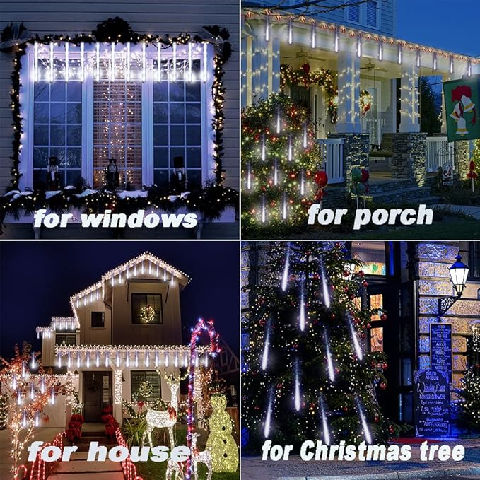 Christmas Lights Outdoor, Meteor Shower Lights 12 inch 8 Tubes LED Snow Falling Icicle for Christmas Decoration Tree Garden Wedding Party Holiday, White