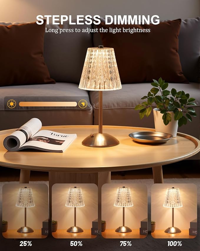 Cordless Touch Table Lamp, LED Rechargeable Small Dask Lamp, 3 Colors Dimmable Battery Operated Crysta Lamp for Bedroom Restaurant Kitchen Home Decor, Gold, 2pcs (2, Silvery)