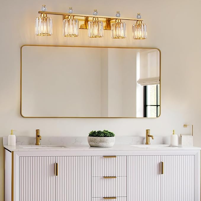 Bathroom Vanity Lights 5-Light Gold Modern Crystal Vanity Light Fixtures Over Mirror Crystal Bathroom Vanity Lighting Fixtures