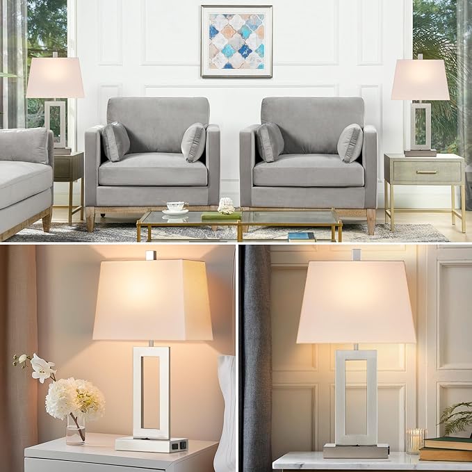 Table Lamp Set of 2 with USB C+A Ports & AC Outlet, Bedside Lamps, Modern Bedroom Lamps, Silver Lamps for Night Stands Bedroom Living Room,Nightstand Lamp