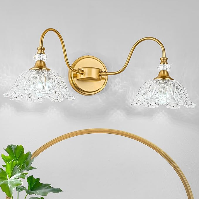 Gold Bathroom Vanity Light, 2-Light Brushed Gold Finish Vanity Light with Floral Clear Glass Shades, Retro Wall Mount Lighting for Bathroom, Dressing Table