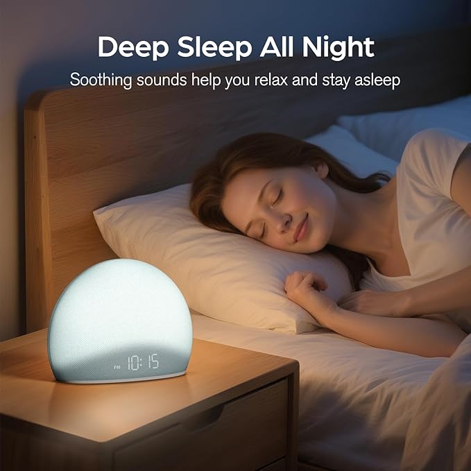 HOUSBAY Sunrise Alarm Clock, White Noise Sound Machine for Bedroom | Natural Wake-Up Light with Gentle Alarm Sounds, 20 Soothing Sleep Aids, Dimmable Display, Screen-Free Design - Blue