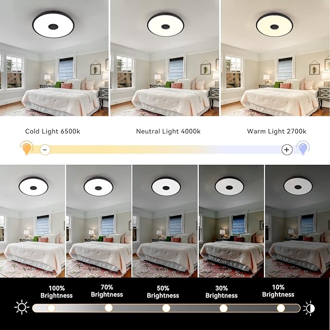 Black Waterproof LED Flush Mount Ceiling Light Fixture,with Bluetooth Speaker,11 Inch,18 watt,Dimmable Music Lamp,RGB Color Changing Light with Remote Control,for Bathroom,Shower,Bedroom