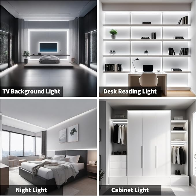32.8FT/10M COB LED Strip Light, White 6000K LED Tape Lights, 8mm Width LED Lights, CRI93+ Dimmable Flexible Lights Kit for Bedroom TV Backlight Kitchen Mirror Decor(Plug Inclued)