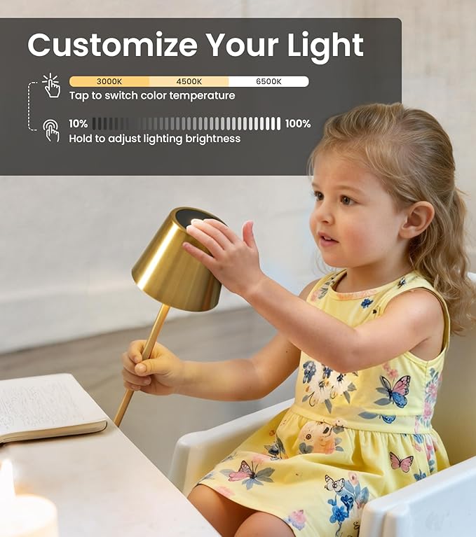 Cordless Table Lamp, Portable Battery Operated Lamp with 3 Color Temps and Stepless Dimming, Rechargeable Table Lamp for Dinner, Desk, Cafe, Outdoor (Brushed Gold)