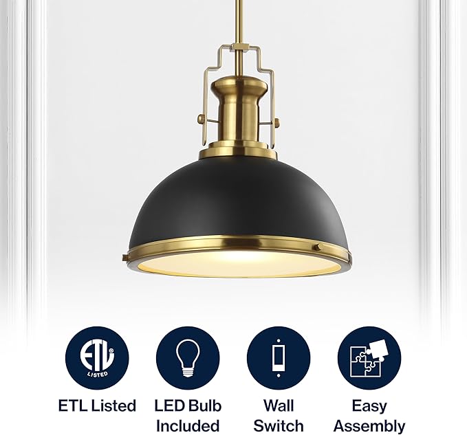 JONATHAN Y 13" Black/Brass Gold Modern Industrial Iron LED Dome Pendant Light, Adjustable Hanging Fixture for Kitchen Island or Entryway, Black Metal Shade, LED Bulb Included (JYL9536A)