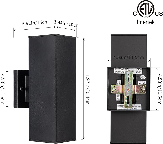 mirrea Modern Outdoor Porch Light Patio Light in 2 Lights with Aluminum Rectangular Tube and Tempered Glass Cover Waterproof Wall Sconce 2 Pack (Matte Black)