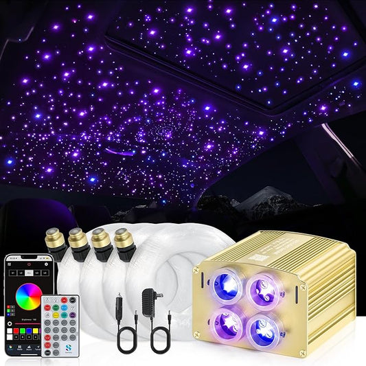 4 Colors 32W Twinkle Car Starlight Headliner Kit 1000pcs*0.03in*13.1ft with APP&RF Remote, RGBW Fiber Optic Ceiling Star Lights, 4 Port Engine Sound Activated Star Roof Lights for Car Home Theater