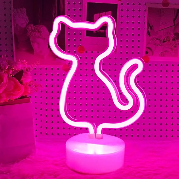 Valentine's Day Gifts for Girls: Cat Neon Signs with Holder Base - USB & Battery Powered Cute Pink Cats Led Neon Light Kids Room Decor, Led Light for Home, Girls Bedroom, Office, Party, Birthday Gifts