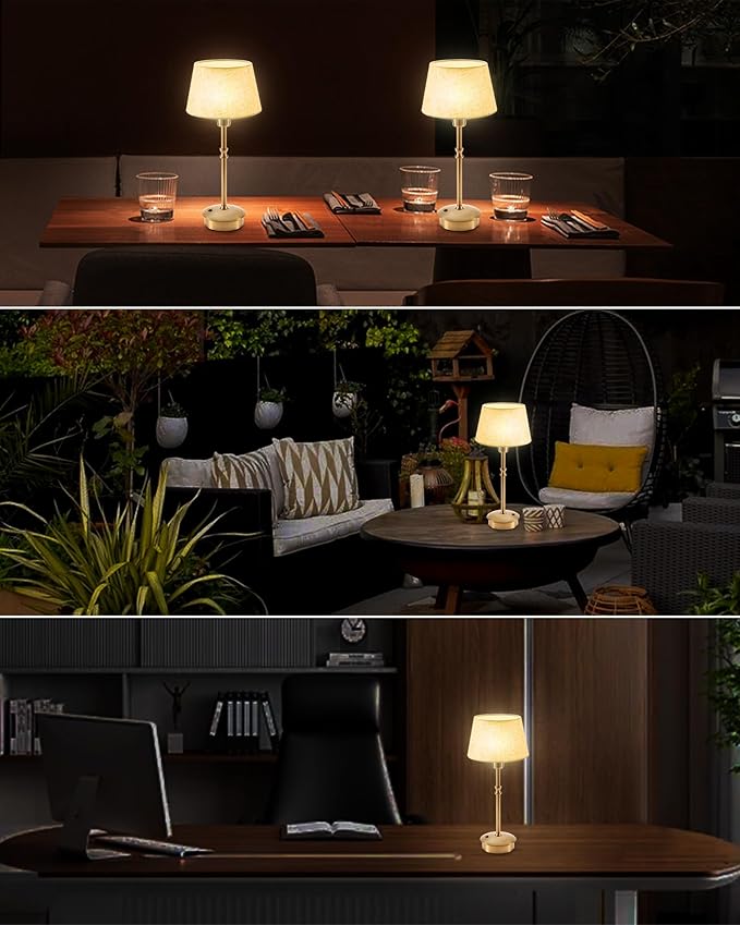 UMEXUS Cordless Lamp Rechargeable Table Lamps, 5000mAh Battery Operated Lights, 3 Level Brightness Dimmable, Portable Night Bedside Light for Patio, Restaurant, Dining, Fabric Shade, Antique Brass