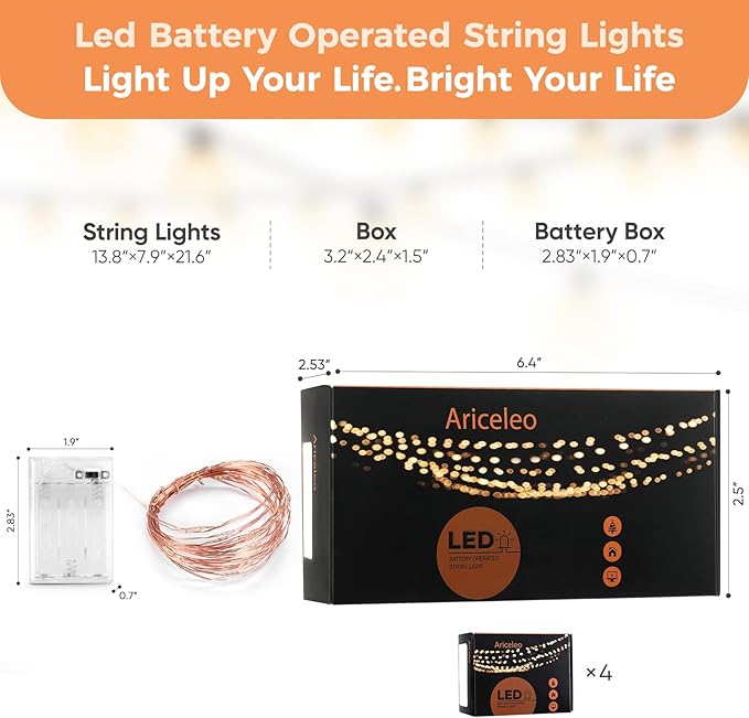 4 Pack 16.4ft Battery Operated String Lights with Timer, Multi Color with Synchronized Twinkle Mode, Fairy Lights Battery Powered, 50 LED, Idea for Christmas Bedroom Party Wedding