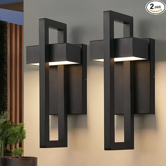 tewei LED Outdoor Wall Sconce Modern Exterior Lighting Fixtures, Matte Black Outdoor Front Porch Lights LED Outside Wall Mount Lights for House, Hallway, Warm White 3000K, 2 Pack