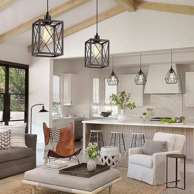 Farmhouse Pendant Light Fixture, Black Pendant Lights for Kitchen Island Industrial Lantern Pendant Light Fixtures with Light Shade, Adjustable Height Hanging Pendant Lighting