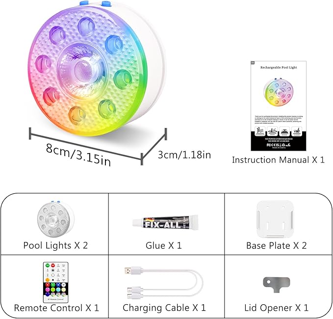 Underwater Pool Lights for Above Ground and Inground Swimming Pools with Remote Timer Off, Magnetic RGB Submersible LED Lights Rechargeable Spotlight 16 Colors 9-mode for Hot Tubs, Fountain -2Pack