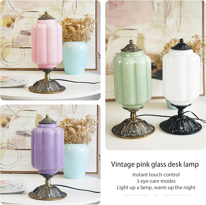 Vintage Purple Glass Touch Table Lamp, Elegant MilK Glass Bedside Desk Lamp 3 Way Dimmable with USB C+A Charging Ports - Bedroom Nightstand & Living Room Essential, 4W Bulb Included (Purple, 6.5)
