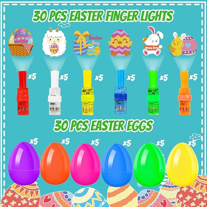 30 Pack Easter Eggs Fillers with Finger Lights, Easter Toys Glow In The Dark Easter Basket Stuffers for Boys Girls, Non Candy Easter Gifts for Kids Party Favors Classroom Prize
