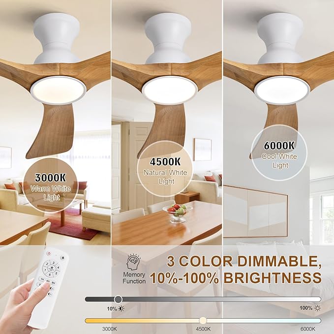 Flush Mount Ceiling Fans with Lights,42 inch,Remote Control,Wall Switch,Solid Wood Blades,Dimmable,Reversible Noiseless,Power Off Memory Modern Ceiling Fan for Bedroom Patio Indoor/Outdoor Use