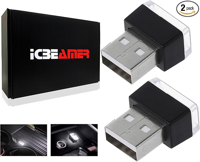 ICBEAMER 2-Pack USB Type-A LED Night Light, Color: White | Plug-in Universal Fit Automotive Accessories for Car Interior and Trunk Ambient Atmosphere Lighting